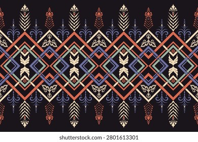 Multicolor geometric ethnic seamless pattern with diamond motifs and ornamental tribal details, ideal for textile, apparel, home decor, upholstery and surface printing. Hand-drawn vector artwork, not AI-generated.