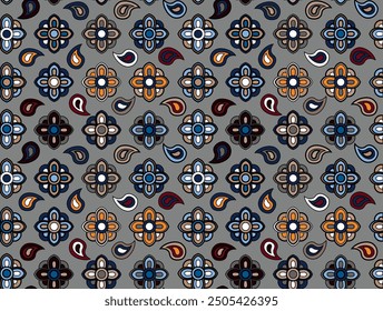 multicolor geometric floral pattern with gray background blue, orange, burgundy, navy blue, gray, beige