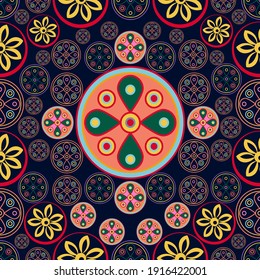 Multicolor geometric moon night feel designs with floral ornament seamless pattern