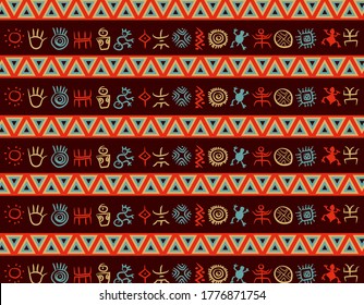 Multicolor geometric native south american indigenous pattern with colorful petroglyphs over a dark violet background