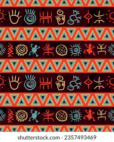 Multicolor geometric native south american indigenous pattern with colorful petroglyphs over a dark red marble effect at background