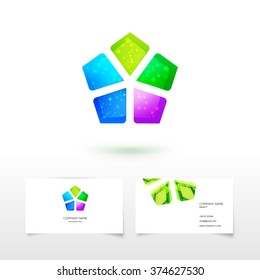 Multicolor geometric  Vector Logo and business card. Corporate communication Icon Concept. Abstract elements together for  identity and eco friendly service design. Five elements of energy concept.