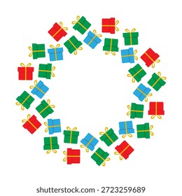 Cajas de regalo multicolores con lazo de cinta atado Borde de marco circular Copiar espacio Plantilla Minimalista Flat. Ilustración vectorial aislada Cumpleaños o Días festivos Patrón de tarjetas temáticas, invitación, Anuncio, folletos