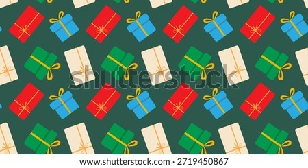 Multicolor Gifts Top and Front View Seamless Pattern Banner Format Holiday Backdrop Flat Design idea. Isolated Vector illustration Greeting Thematic Cards Background Party invite, leaflets Media Posts