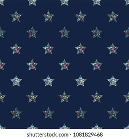 Multicolor Glitter Stars Seamless Pattern - Rows of multicolor glitter stars on deep blue background seamless pattern