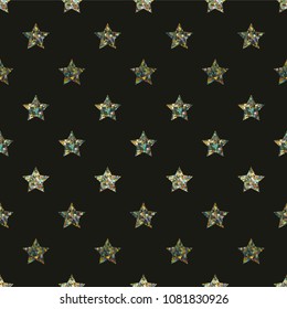 Multicolor Glitter Stars Seamless Pattern - Rows of multicolor glitter stars on crushed black background seamless pattern