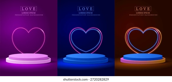 Formas multicolores brillantes del corazón Líneas de luz láser y podios Fondos decorativos del día de San Valentín Diseño de conjunto. Otro concepto encantador Visualización de productos y presentación colección de fondo.
