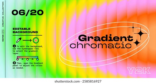 Multicolor gradient chromatic aberration background with reeded glass map distortion of iridescent colors. Vector Y2K retro holographic gradient background with glass displacement effect.