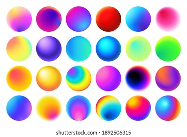 Multicolor gradient circles. Round button with vivid neon and holographic colors. Spheres with colorful gradients vector set