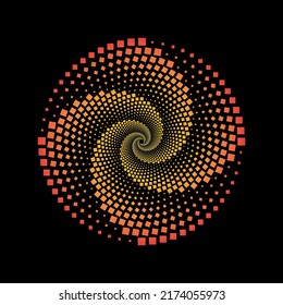 Multicolor gradient dotted circular vortex and spiral twirl motion  Vector illustration square dots swirl black background 