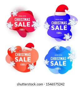 Multicolor gradient fluid shapes element boxes with trendy gradient shape wawe, snowflake and red santa hat with place for congratulation text on a white background. Christmas sale banners set