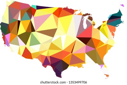 Multicolor gradient USA Map in Low Poly Style on isolated white background. United States of America area in Polygonal diamond style for your design