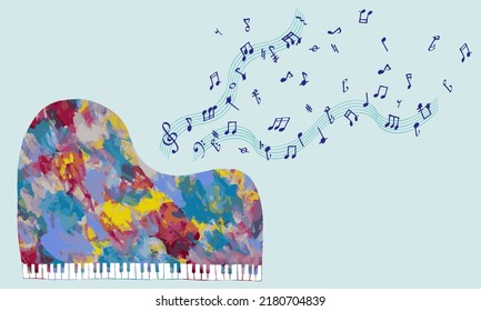 Multicolor grand piano and some notes, with acrylic paintings texture.