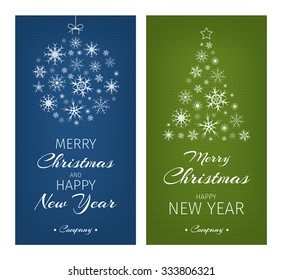 Multicolor green and blue christmas cards. Christmas ball and tree made from snowflakes. Merry Christmas and Happy New Year message.