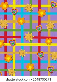 Fondo de cuadrícula multicolor y pequeños iconos lindos.