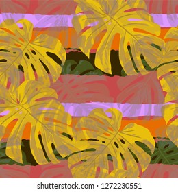 Multicolor Grunge Pattern with Brush Strokes, Palm Leaves and Big Flowers. Retro Seamless Texture for, Dress, Fabric, Paper. Tropical Grunge Pattern in Trendy Colors.