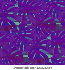 Multicolor Grunge Pattern with Brush Strokes, Palm Leaves and Big Flowers. Retro Seamless Texture for, Tablecloth, Textile, Paper. Tropical Grunge Pattern in Trendy Colors.