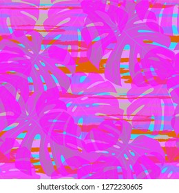 Multicolor Grunge Pattern with Brush Strokes, Palm Leaves and Big Flowers. Bright Seamless Texture for, Dress, Textile, Tablecloth. Tropical Grunge Pattern in Trendy Colors.