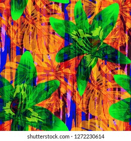 Multicolor Grunge Pattern with Brush Strokes, Palm Leaves and Big Flowers. Vintage Seamless Texture for, Paper, Fabric, Swimwear. Tropical Grunge Pattern in Trendy Colors.