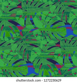 Multicolor Grunge Pattern with Brush Strokes, Palm Leaves and Big Flowers. Retro Seamless Texture for, Fabric, Dress, Cloth. Tropical Grunge Pattern in Trendy Colors.