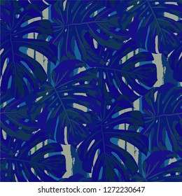 Multicolor Grunge Pattern with Brush Strokes, Palm Leaves and Big Flowers. Retro Seamless Texture for, Wallpaper, Chintz, Dress. Tropical Grunge Pattern in Trendy Colors.
