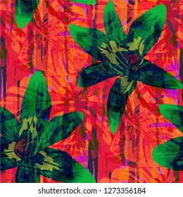 Multicolor Grunge Pattern with Brush Strokes, Palm Leaves and Big Flowers. Girlie Seamless Texture for, Dress, Chintz, Tablecloth. Tropical Grunge Pattern in Trendy Colors.