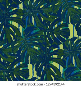 Multicolor Grunge Pattern with Brush Strokes, Palm Leaves and Big Flowers. Colorful Seamless Texture for, Wallpaper, Curtains, Textile. Tropical Grunge Pattern in Trendy Colors.