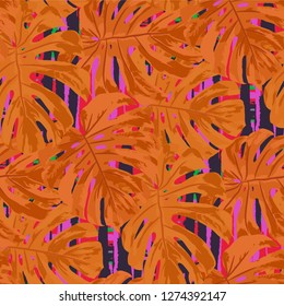 Multicolor Grunge Pattern with Brush Strokes, Palm Leaves and Big Flowers. Bright Seamless Texture for, Tablecloth, Textile, Wallpaper. Tropical Grunge Pattern in Trendy Colors.