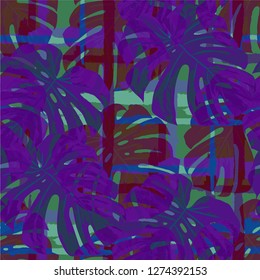 Multicolor Grunge Pattern with Brush Strokes, Palm Leaves and Big Flowers. Bright Seamless Texture for, Print, Paper, Shirt. Tropical Grunge Pattern in Trendy Colors.