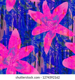 Multicolor Grunge Pattern with Brush Strokes, Palm Leaves and Big Flowers. Colorful Seamless Texture for, Print, Curtains, Wallpaper. Tropical Grunge Pattern in Trendy Colors.