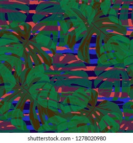 Multicolor Grunge Pattern with Brush Strokes, Palm Leaves and Big Flowers. Feminine Seamless Texture for, Wallpaper, Shirt, Curtains. Tropical Grunge Pattern in Trendy Colors.