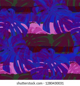 Multicolor Grunge Pattern with Brush Strokes, Palm Leaves and Big Flowers. Feminine Seamless Texture for, Swimwear, Fabric, Tablecloth. Tropical Grunge Pattern in Trendy Colors.