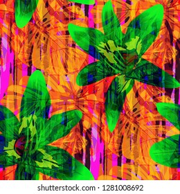Multicolor Grunge Pattern with Brush Strokes, Palm Leaves and Big Flowers. Colorful Seamless Texture for, Shirt, Paper, Wallpaper. Tropical Grunge Pattern in Trendy Colors.