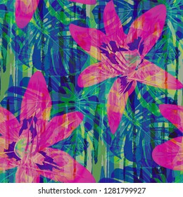 Multicolor Grunge Pattern with Brush Strokes, Palm Leaves and Big Flowers. Retro Seamless Texture for, Textile, Tablecloth, Swimwear. Tropical Grunge Pattern in Trendy Colors.