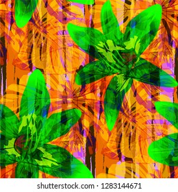 Multicolor Grunge Pattern with Brush Strokes, Palm Leaves and Big Flowers. Vintage Seamless Texture for, Wallpaper, Chintz, Paper. Tropical Grunge Pattern in Trendy Colors.