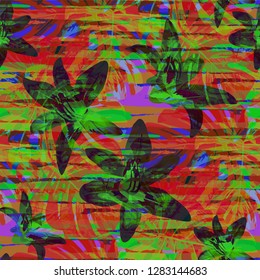 Multicolor Grunge Pattern with Brush Strokes, Palm Leaves and Big Flowers. Colorful Seamless Texture for, Curtains, Chintz, Textile. Tropical Grunge Pattern in Trendy Colors.