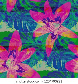 Multicolor Grunge Pattern with Brush Strokes, Palm Leaves and Big Flowers. Colorful Seamless Texture for, Textile, Dress, Tablecloth. Tropical Grunge Pattern in Trendy Colors.
