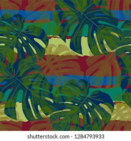 Multicolor Grunge Pattern with Brush Strokes, Palm Leaves and Big Flowers. Trendy Seamless Texture for, Cloth, Textile, Curtains. Tropical Grunge Pattern in Trendy Colors.
