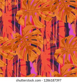 Multicolor Grunge Pattern with Brush Strokes, Palm Leaves and Big Flowers. Feminine Seamless Texture for, Chintz, Cloth, Paper. Tropical Grunge Pattern in Trendy Colors.