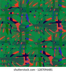 Multicolor Grunge Pattern with Brush Strokes, Palm Leaves and Big Flowers. Colorful Seamless Texture for, Shirt, Cloth, Curtains. Tropical Grunge Pattern in Trendy Colors.