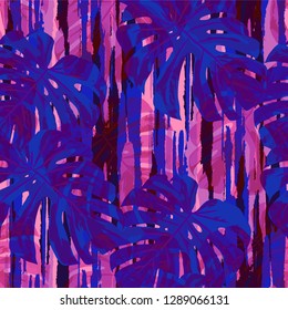 Multicolor Grunge Pattern with Brush Strokes, Palm Leaves and Big Flowers. Bright Seamless Texture for, Print, Paper, Tablecloth. Tropical Grunge Pattern in Trendy Colors.