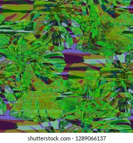Multicolor Grunge Pattern with Brush Strokes, Palm Leaves and Big Flowers. Vintage Seamless Texture for, Chintz, Wallpaper, Paper. Tropical Grunge Pattern in Trendy Colors.
