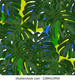 Multicolor Grunge Pattern with Brush Strokes, Palm Leaves and Big Flowers. Feminine Seamless Texture for, Dress, Paper, Shirt. Tropical Grunge Pattern in Trendy Colors.