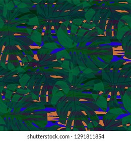 Multicolor Grunge Pattern with Brush Strokes, Palm Leaves and Big Flowers. Modern Seamless Texture for, Tablecloth, Print, Textile. Tropical Grunge Pattern in Trendy Colors.