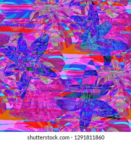 Multicolor Grunge Pattern with Brush Strokes, Palm Leaves and Big Flowers. Trendy Seamless Texture for, Chintz, Paper, Wallpaper. Tropical Grunge Pattern in Trendy Colors.