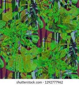 Multicolor Grunge Pattern with Brush Strokes, Palm Leaves and Big Flowers. Bright Seamless Texture for, Dress, Tablecloth, Chintz. Tropical Grunge Pattern in Trendy Colors.