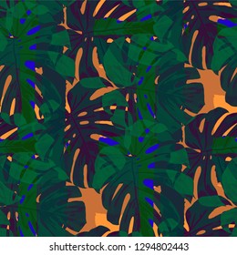 Multicolor Grunge Pattern with Brush Strokes, Palm Leaves and Big Flowers. Modern Seamless Texture for, Chintz, Paper, Curtains. Tropical Grunge Pattern in Trendy Colors.