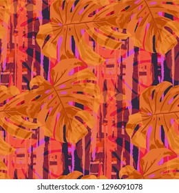 Multicolor Grunge Pattern with Brush Strokes, Palm Leaves and Big Flowers. Girlie Seamless Texture for, Chintz, Swimwear, Curtains. Tropical Grunge Pattern in Trendy Colors.