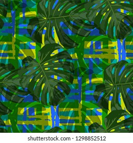 Multicolor Grunge Pattern with Brush Strokes, Palm Leaves and Big Flowers. Girlie Seamless Texture for, Chintz, Print, Curtains. Tropical Grunge Pattern in Trendy Colors.