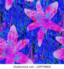 Multicolor Grunge Pattern with Brush Strokes, Palm Leaves and Big Flowers. Girlie Seamless Texture for, Swimwear, Fabric, Wallpaper. Tropical Grunge Pattern in Trendy Colors.